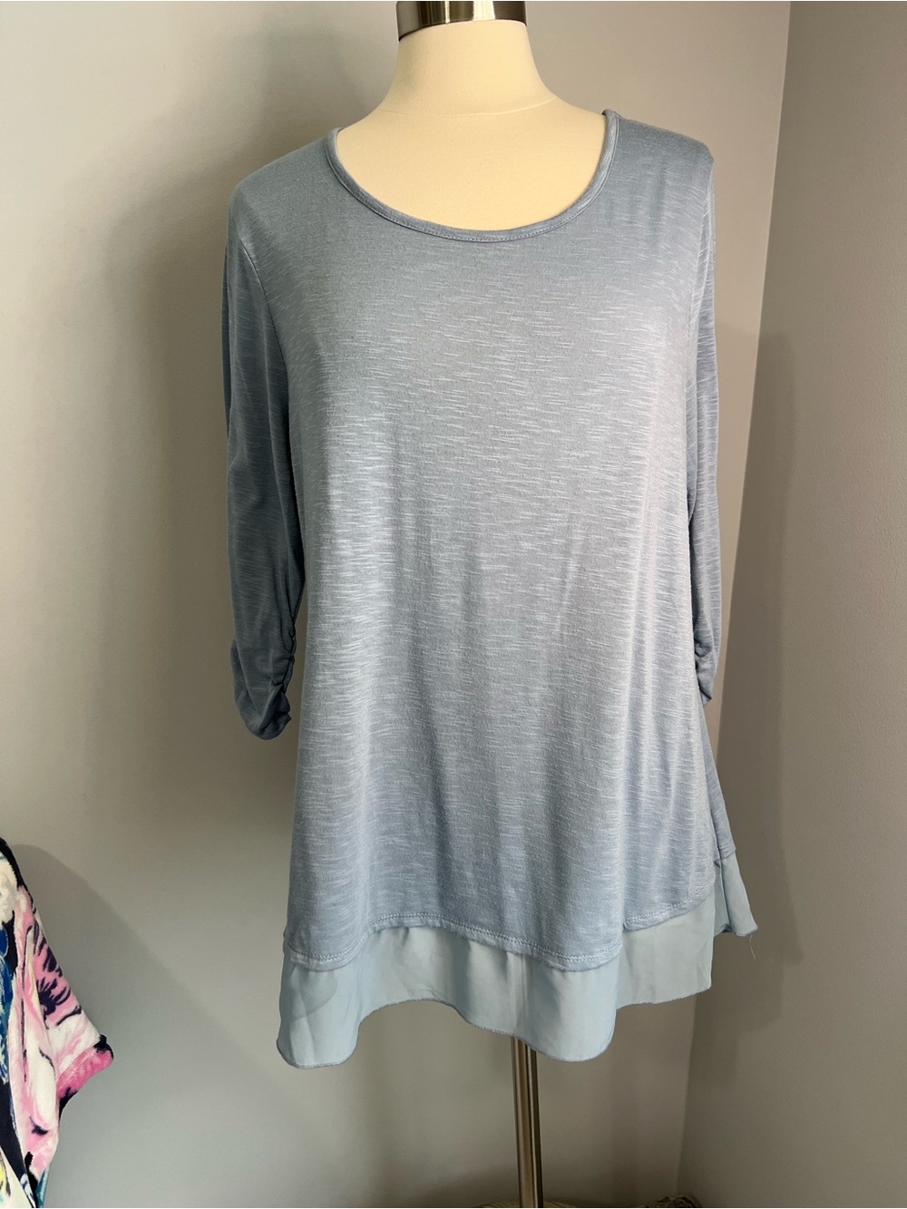 Style & Co. Size XL Blue Scoop Neck Slub Knit Chiffon Mixed Media Top Blouse